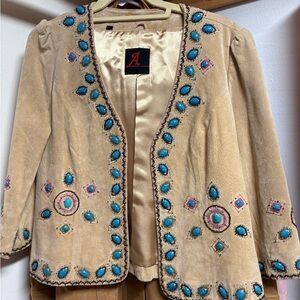 Adrienne Landau Tan Jacket with Turquoise and Pink Embellishments